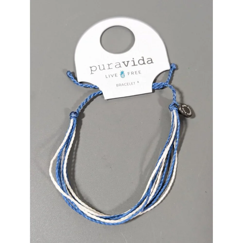 Puravida Blue White Cord Bracelet Adjustable Beachy Coastal‎ Surfer Boho NEW